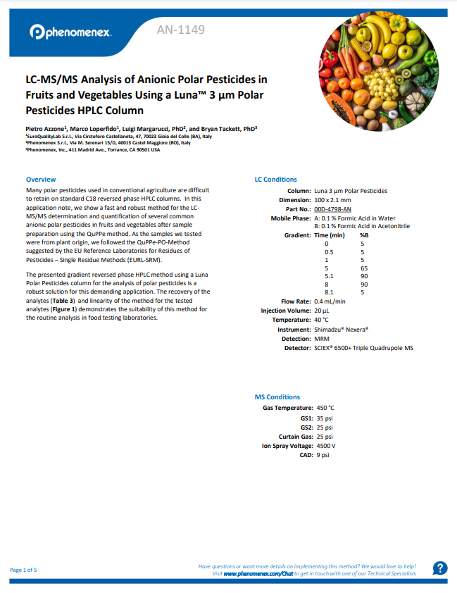 LC-MS/MS Analysis of Anionic Polar Pesticides in Fruits and Vegetables Using a Luna Polar Pesticides HPLC Column Tech Note