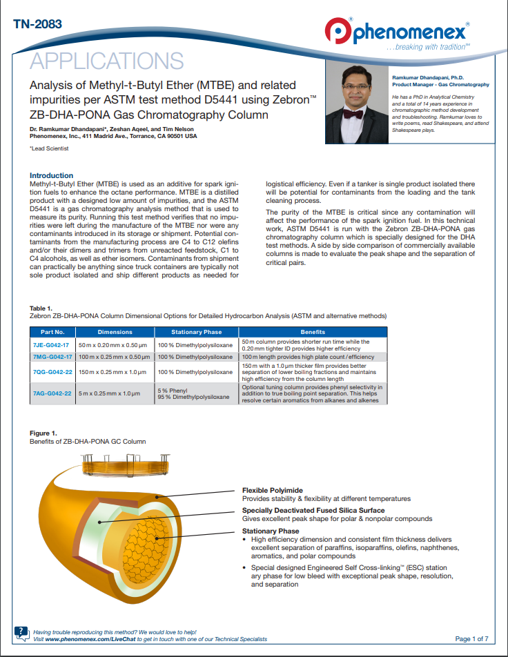 Analysis of Methyl-t-Butyl Ether (MTBE) and related impurities per ASTM test method D5441 using Zebron ZB-DHA-PONA Gas Chromatography Column